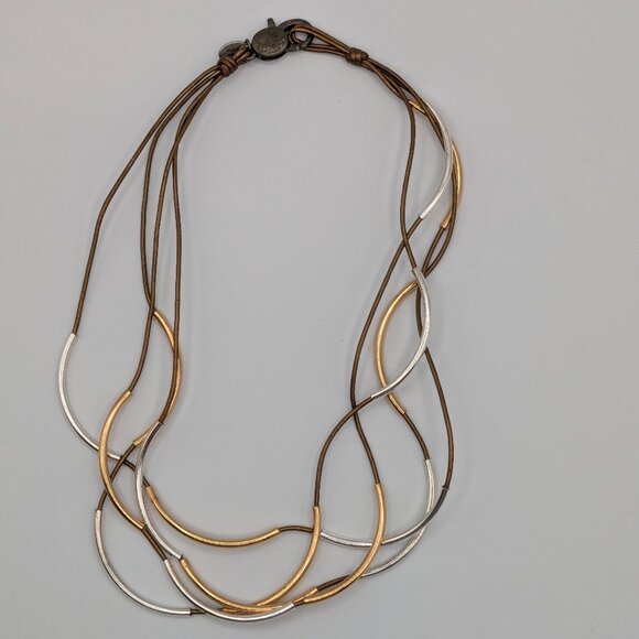 Lizzy James Wavy Gold Silver Necklace Bracelet 4-Strand Brown Cord 20" Boho - Picture 1 of 10